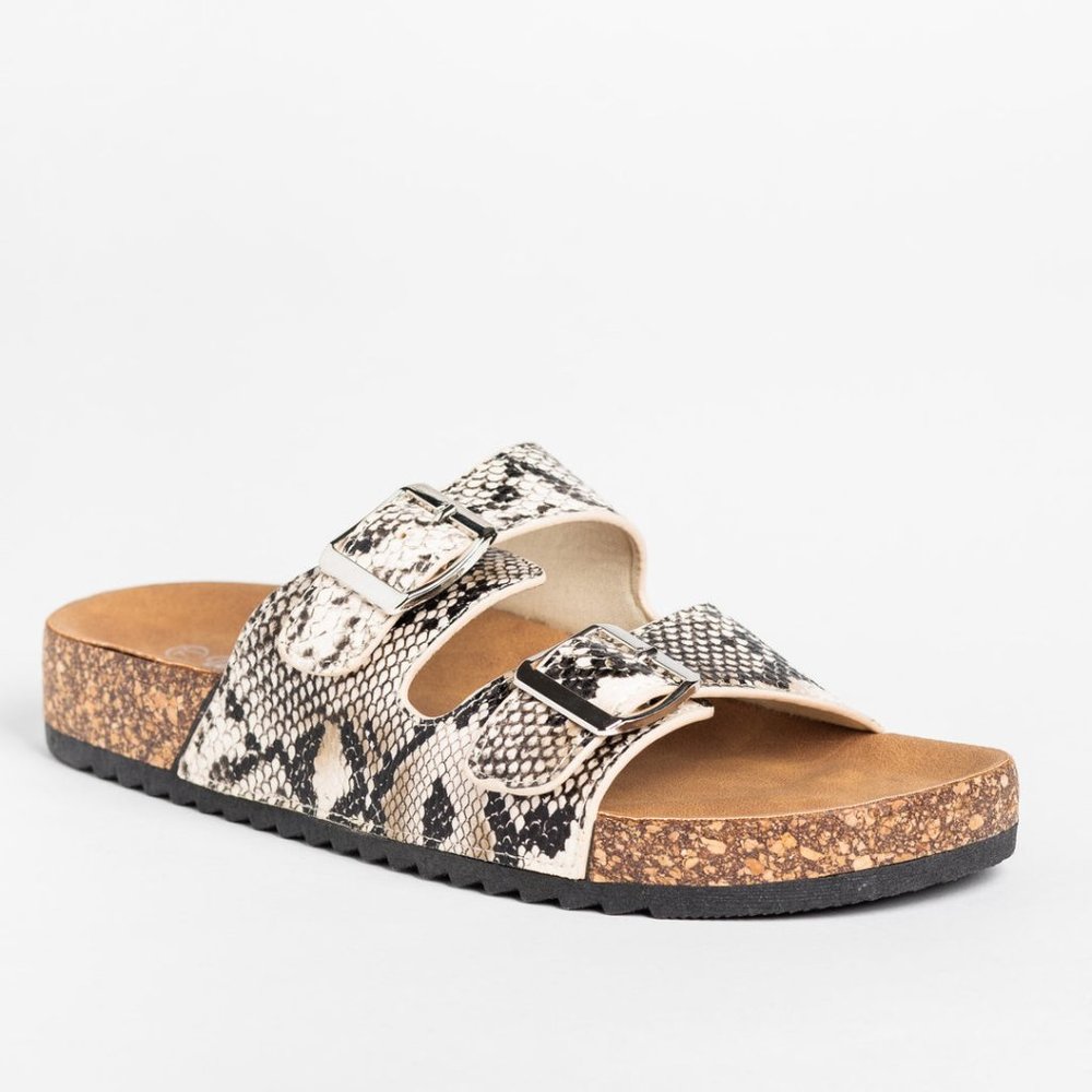 Weeboo Women Slip on Snake Double Buckle Cork Slide Sandals - Beige -